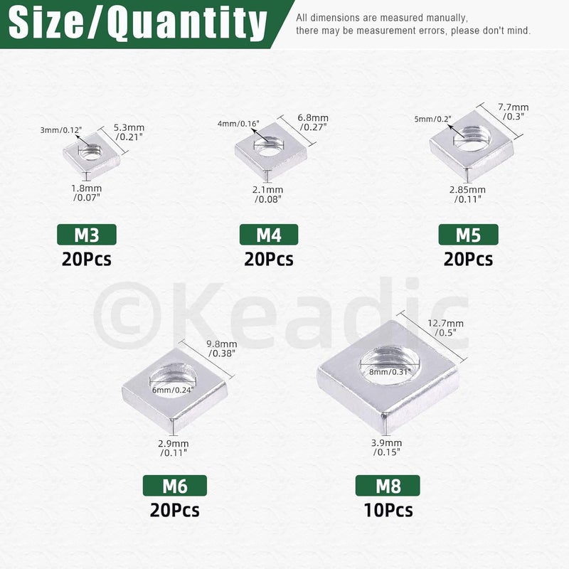 Keadic 90Pcs White Zinc-Plated Square Nuts Assortment Kit, M3x5.5mmx2mm, M4x7mmx2mm, M5x8mmx3mm, M6x10mmx3mm, M8x13mmx4mm Coarse Thread Nut for Furniture, Electrical Appliances - Image 2